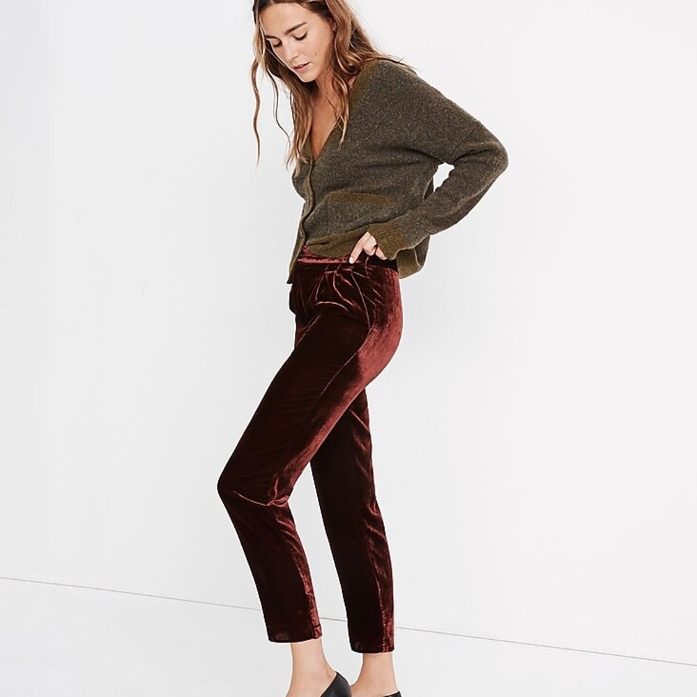 Madewell Maroon Velvet Tapered Pleat Pull-On Pants High Rise Relaxed Fit Ankle